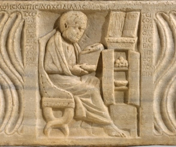 Mdico romano lendo papiro / detalhe