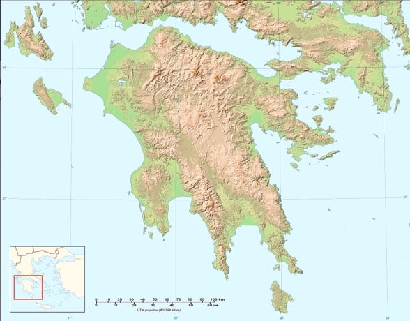Mapa fsico do Peloponeso
