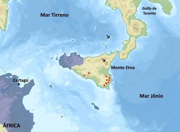 Mapa topogrfico da Siclia. Povoamento